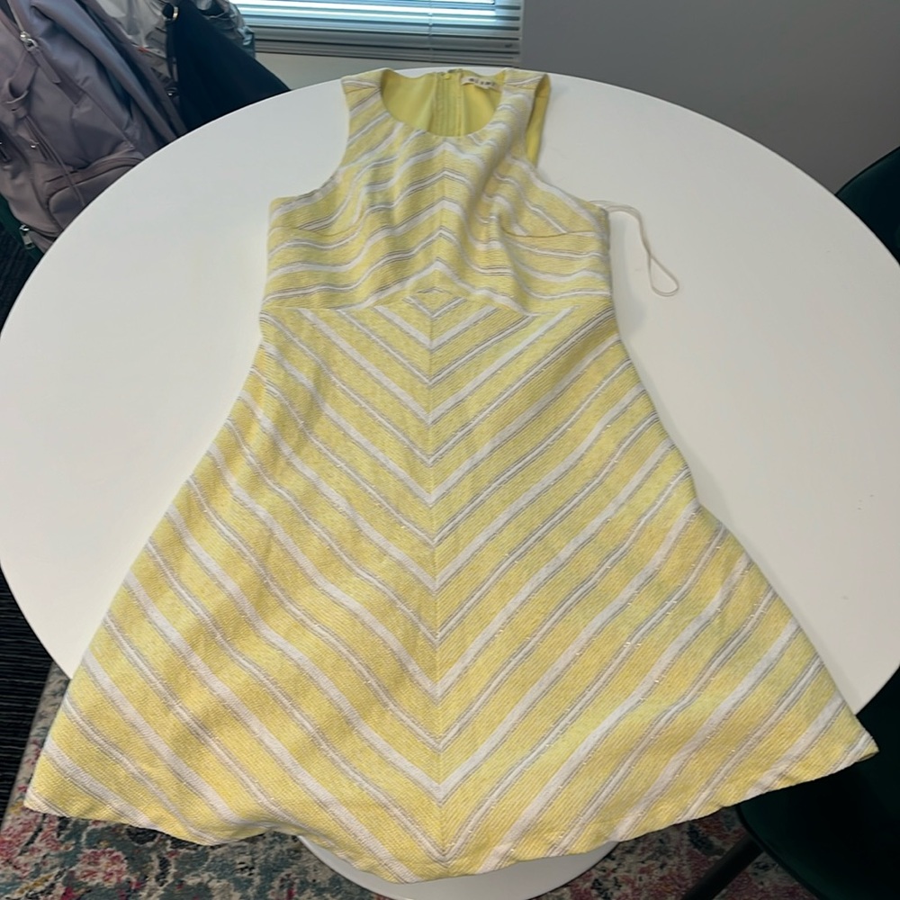 francesca’s yellow white and gold stripped dress